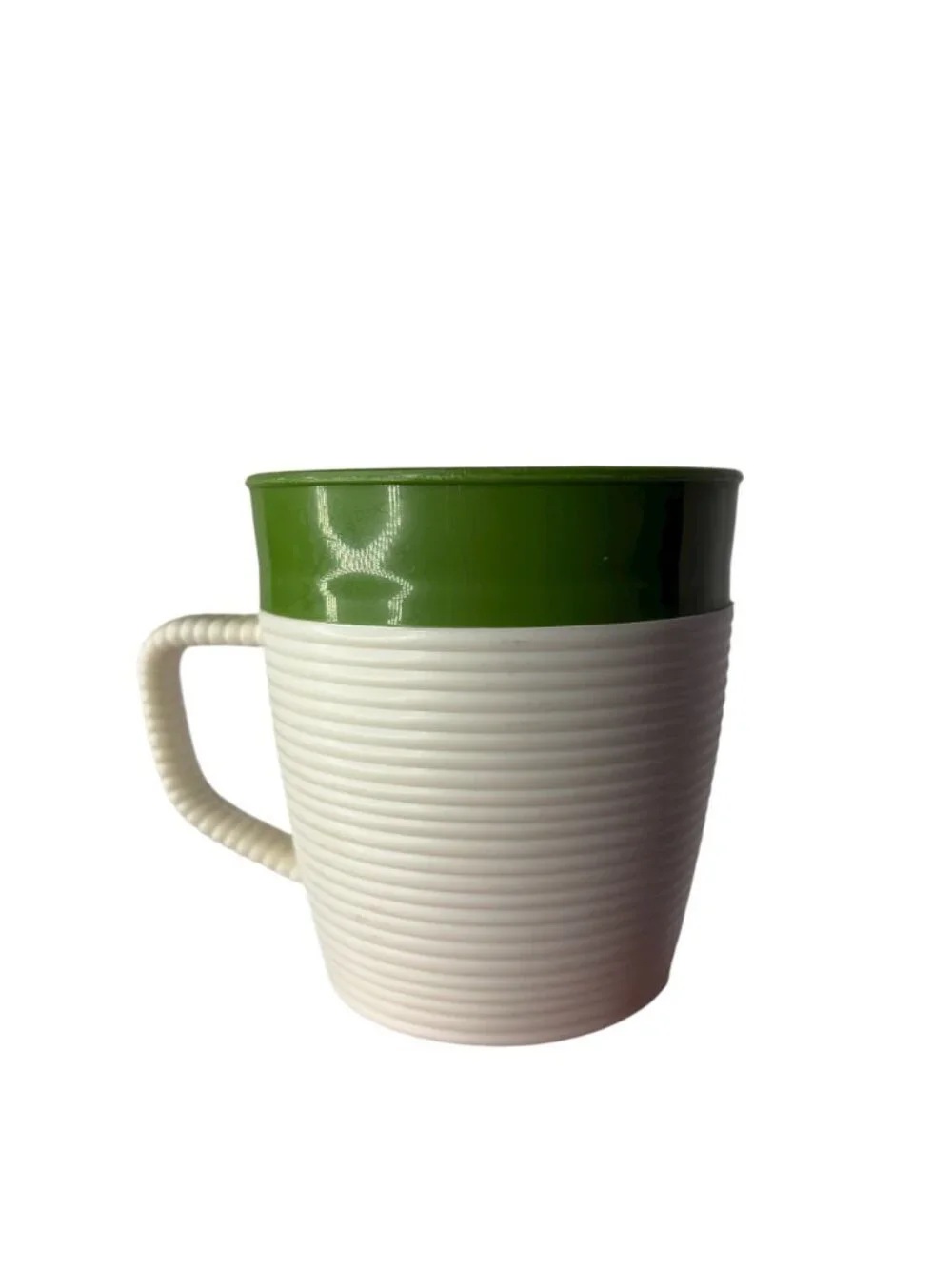 Vtg Raffiaware by Thermo Temp Insulated Coffee Mugs Green Cream Ribbed Set of 3